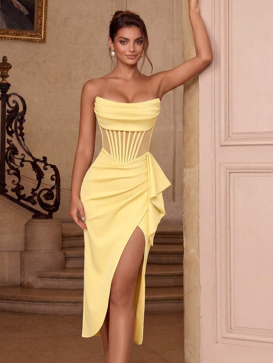 ADYCE Elegant Strapless Ruched Mesh Patchwork Boned High Waist Slit Backless Lace-Up Mid-Length Prom Dress - Yellow - View 1