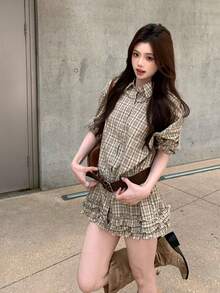 韩版高端纽扣荷叶边格纹长袖衬衫，女士百搭秋季内搭 - 杏色 - 查看 5