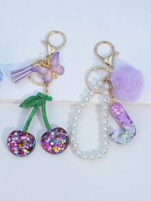 1pc Resin Starry Sky Epoxy Letter Keychain With Black Fur Ball Tassel Decor, Heart Pendant Gift For Friend And Mom - Mauve Purple - View 19