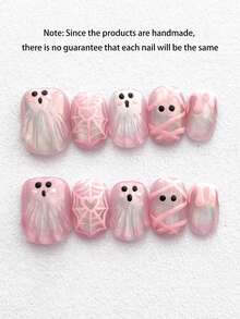 10PCS Sweet & Cool Y2K Cute 3D Pink Ghost Halloween Press-On Nails, Short Square Mesh Spider Web Design, Shiny Reusable Handmade Fake Nails, Suitable For Girls' Halloween Manicure, Short Round False Nails - Pink - View 1