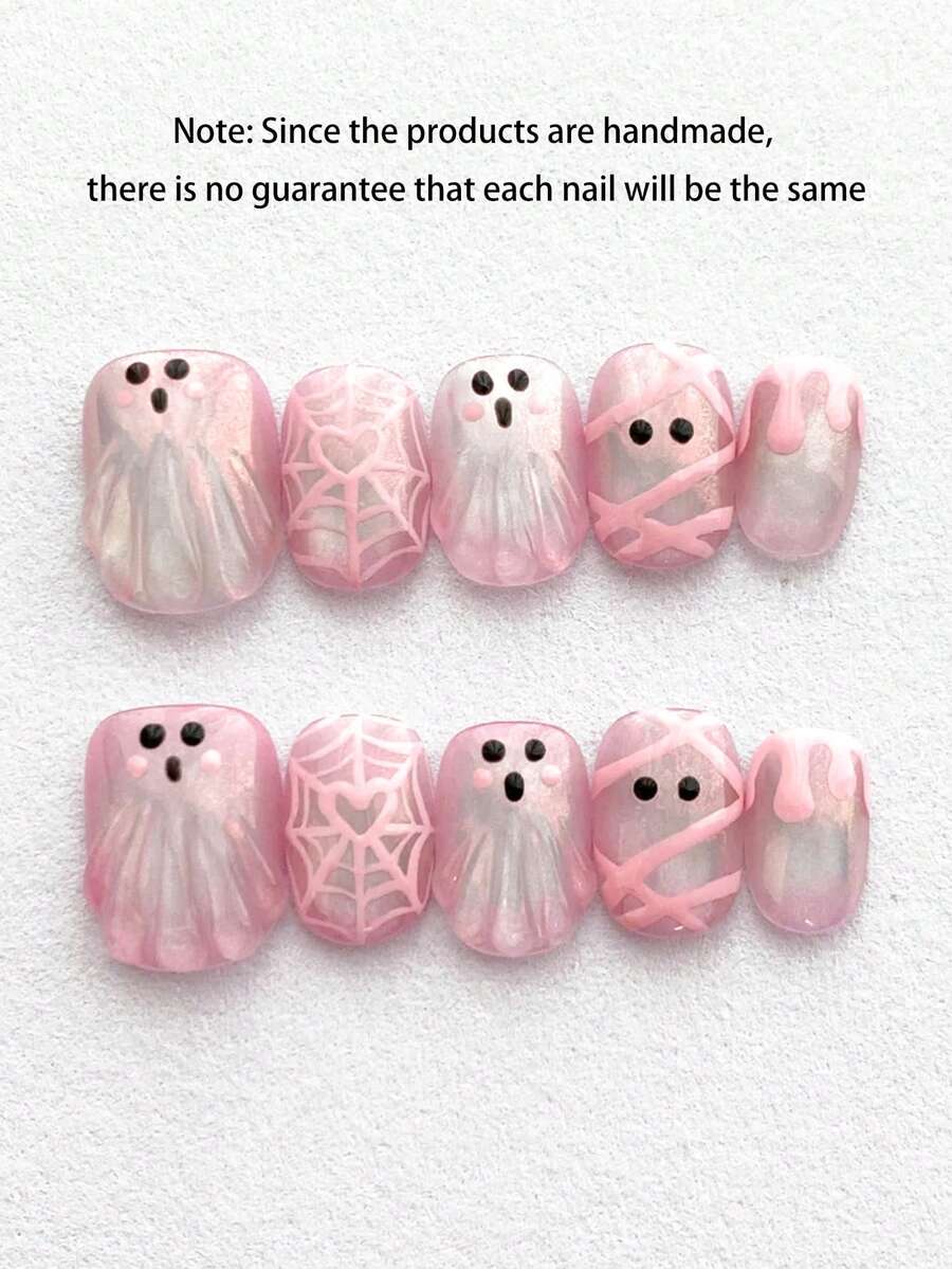 10PCS Sweet & Cool Y2K Cute 3D Pink Ghost Halloween Press-On Nails, Short Square Mesh Spider Web Design, Shiny Reusable Handmade Fake Nails, Suitable For Girls' Halloween Manicure, Short Round False Nails - Pink - View 1