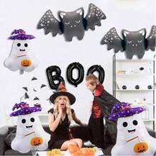 Halloween-Themed Cute White Ghostly Balloons Set, Paired With Black "BOO" Ghost Bat Foil Balloons. These Are Perfect Decorations For Halloween Parties And Graduation Seasons. - Balloon Set - View 4