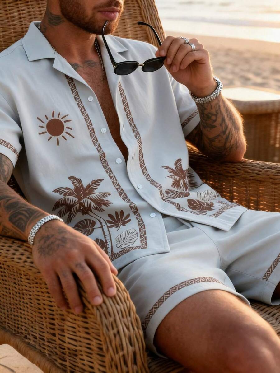 男士休閒時尚寬鬆版型短袖印花上衣與短褲兩件套，度假休閒風，百搭極簡獨特設計