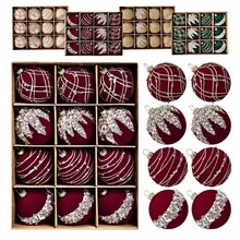 10/12pcs Burgundy Velvet Christmas Ball Ornaments, Shiny Rhinestone Hanging Decorations, Gift Box Set, Suitable For Christmas Tree, Home And Holiday Party - Multicolor - View 10
