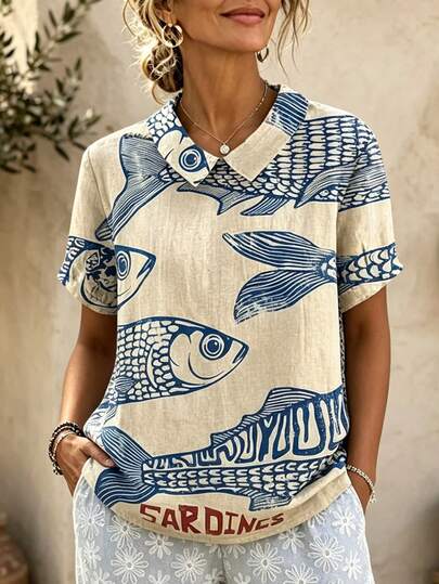 Women's Spring/Summer Holiday Colorblock English Letter Pattern Multicolor Ugly Fish Digital Print Colorblock English Letter Latin Fish Scale Print Linen-Like Casual Women's Blouse, Spring Holiday, Countryside Style, Breathable Daily Versatile Lantern Sleeve Short Sleeve Blouse
