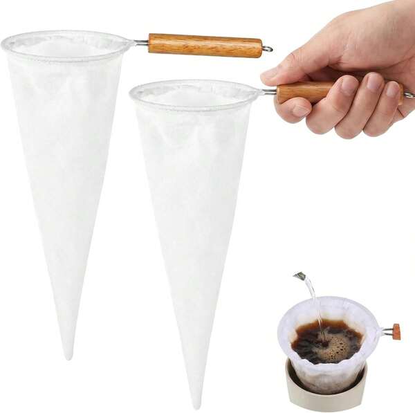 JJUNW 2 Pcs Coffee Strainer Cloth, White Flannel Cloth Filter Bags With Wood Handle, Reusable Coffee Sock Filter Tea Sock Strainer For Coffees,Tea And Juice