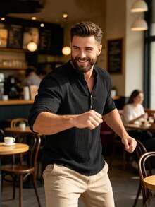 Men's Stand Collar Henley Long Sleeve Pure Black Linen Casual Beach Loose Lightweight Breathable Vacation Pullover - Black - View 3