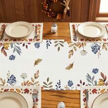 1 pieza Camino de mesa de otoño, estampado de calabaza naranja azul blanco, flores silvestres azules y hojas de arce en acuarela, camino de mesa de poliéster, decoración de mesa de comedor estilo granja para cosecha de otoño y Acción de Gracias - Multicolor - Ver 3