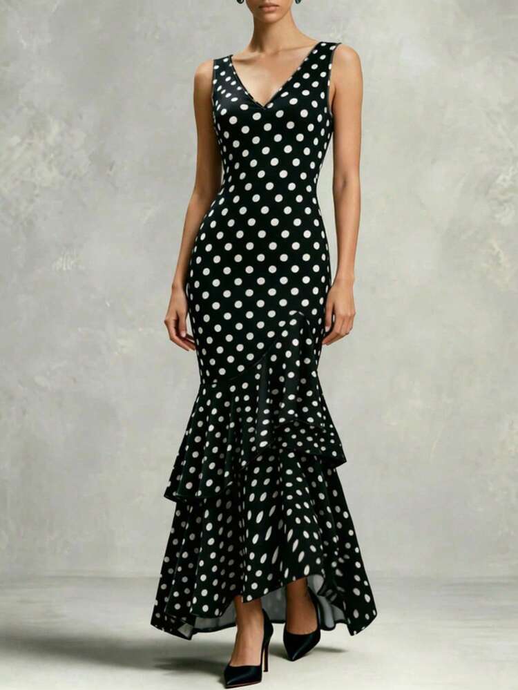 2026 New Polka Dot Maxi Dress, Sleeveless V-Neck Mermaid Hem Dress Black Vacation Elegant Summer - Black - View 1