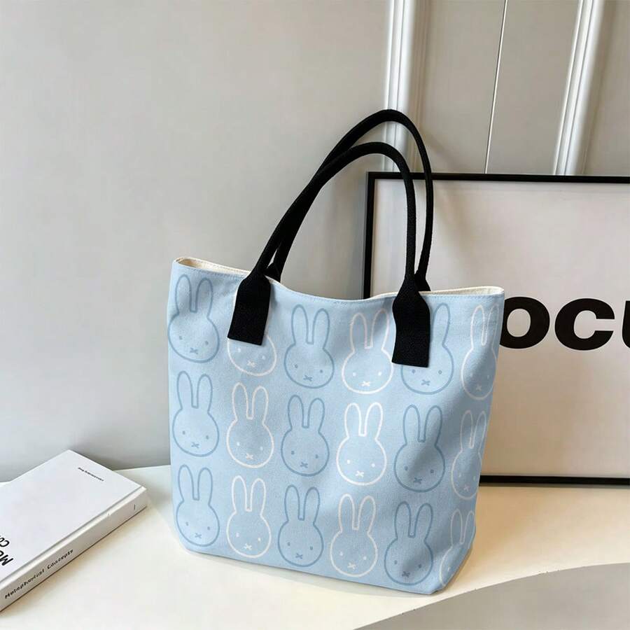 Miniso Miffy 兔子線條印花帆布托特包 粉色手柄 大容量單肩手提包 適合上學、購物、日常出行 - 黑色 - 查看 1