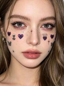 1pc Purple Glitter Butterfly Heart Skull Spider Web Face Decoration Sticker With Self-Adhesive Backing, Halloween Sweet Cool Gothic Party Atmosphere Face Makeup Sticker, Multi-Element Design For Forehead, Around Eyes, Cheeks, Easily Create Sweet Spicy Dark Niche Atmosphere Makeup - Multicolor - View 2