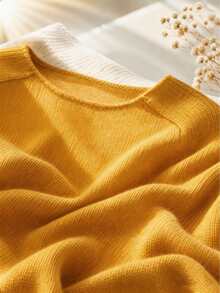 Suéter de cuello redondo suave para mujer de talla grande, vintage fresco, unicolor casual minimalista versátil, tejido de punto ligero para verano y otoño - Amarillo - Ver 4