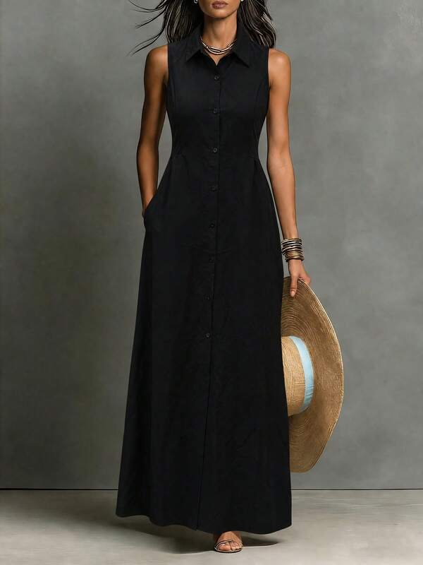 Fashionable Summer Women's Design Collared Sleeveless Button Front Slimming Long Dress Elegant Black