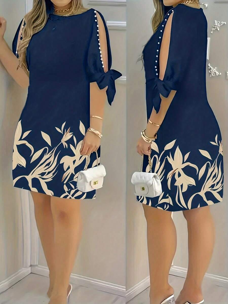 Vestido de mujer con estampado floral, mangas con volantes y adornos de perlas falsas, adecuado para vacaciones de primavera, uso diario casual, en casa y diversos eventos elegantes - Azul marino - Ver 1