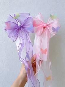 1/3Pcs Sheer Tulle Bow Long Streamer Hair Clips, Sweet Colorful Ribbon Hair Accessories, Fall Decor, School Supplies - Multicolor 3 - View 4