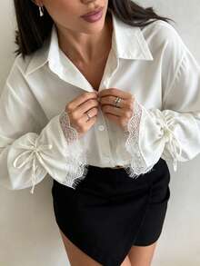 Women's Solid Color Casual Shirt With Lace Trim Cuffs, Elegant For Leisure And Commute, Spring/Summer White - White - View 2