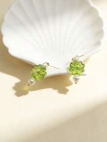 1 Pair Light Green Four-Leaf Clover Pearl Drop Earrings, Elegant Women's Dangle Earrings, Soft Girl Style Spring/Summer Wedding Jewelry - Green - View 5
