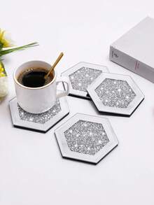 4pcs Crystal Rhinestone Glass Heat Insulation Mat Set, Fashionable Elegant Glass Mirror, Hexagonal Coasters, Suitable For Tea Cup Mats, Coffee Mats, Placemats, Party Tabletop Bar Table Decoration - Silver - View 3