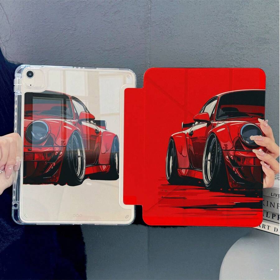 1件復古紅色寬體跑車卡通印花平板保護殼,附筆槽與自動睡眠/喚醒功能,相容 iPad PRO/AIR、Pad 5/6/21、Pad、MatePad、Honor Pad - 彩色 - 查看 1