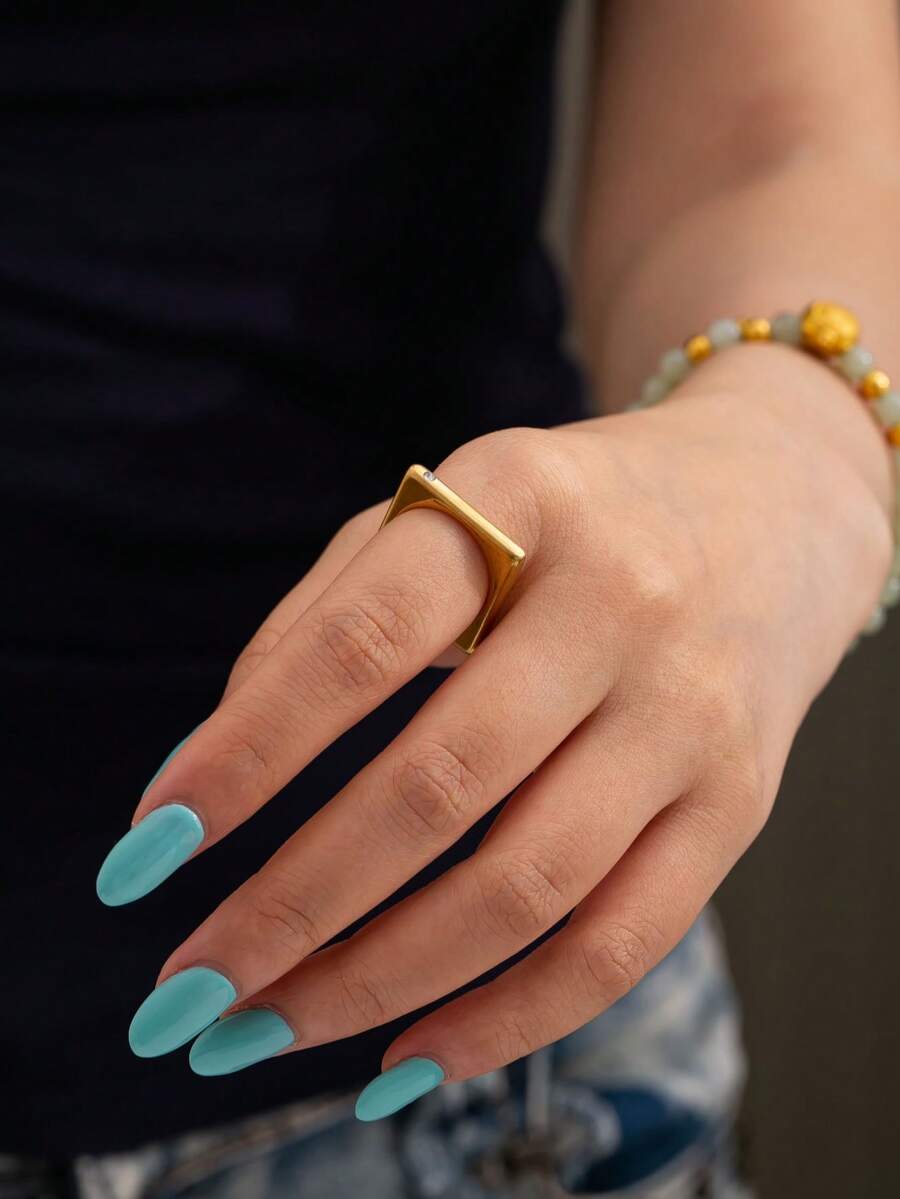 Casual Square Women's Ring, Minimalist Style Geometric Pattern With Rhinestone Inlay, Stainless Steel 18K Gold Plated, Suitable For Daily Wear And Commuting - Yellow Gold - View 1