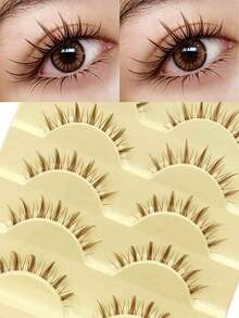 5 Pairs Spiky Manga Lashes Natural Look False Eyelashes, Wispy Soft Lashes, Lightweight Faux Mink Strip Lashes, Reusable Eyelashes For Daily Makeup Suitable For Beginners - 棕色 - 查看 2