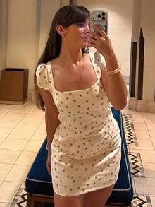 Women's Summer Polka Dot Backless Square Neck Fitted Mini Dress - Beige - View 3
