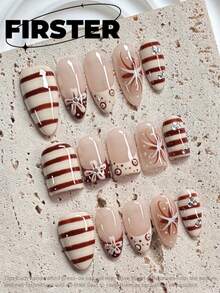 10 Peças Unhas Postiças Médias em Formato de Amêndoa, Unhas Falsas Francesas Listradas em Creme e Bordô, Conjunto Acrílico Brilhante com Flores, Pontos e Strass Pintados à Mão para Verão, 4 de Julho, Casamento, Formatura, Baile e Looks Diários, Unhas Postiças Feitas à Mão - Multicolorido - Visão 1