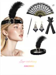 1pc/1set 1920s Flapper Full Accessory Set, Sexy Idol Cosplay, Halloween & Christmas, Vintage & Glam, 2 Sets Main Items, Stockings & Veil: Accessories - Black - View 2