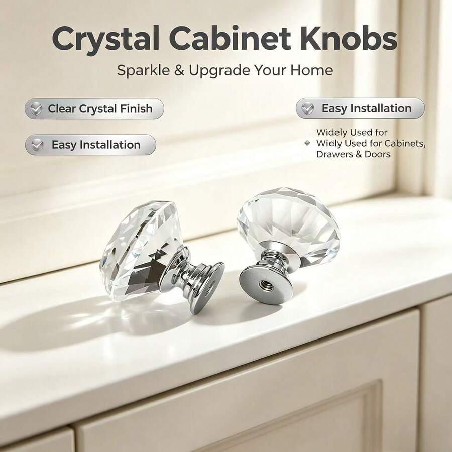 2/5/10pcs Gold Base Round Crystal Glass Drawer Pulls, Diamond Cabinet Knobs, Suitable For Wardrobe, Vanity, Cabinet Home Decor