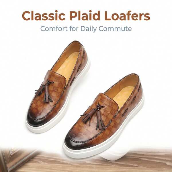 Men's Brown Checkered Tassel Loafers, Vintage Retro Slip On Casual Sneakers With Thick White Rubber Sole For Daily Commute