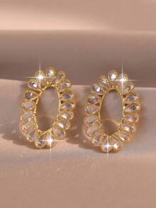 1pair Teardrop Cubic Zirconia Oval Gold Plated Hollow Sparkly Crystal Circle Earrings Luxury Elegant Jewelry For Women Wedding Party Daily Accessories - Yellow Gold - View 1