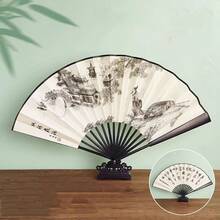 1pc New Chinese Style Ink Wash Folding Fan Maple Bridge Night Mooring / Ink Bamboo / Along The River During The Qingming Festival Double-Sided Printed Folding Fan - Multicolor - View 11