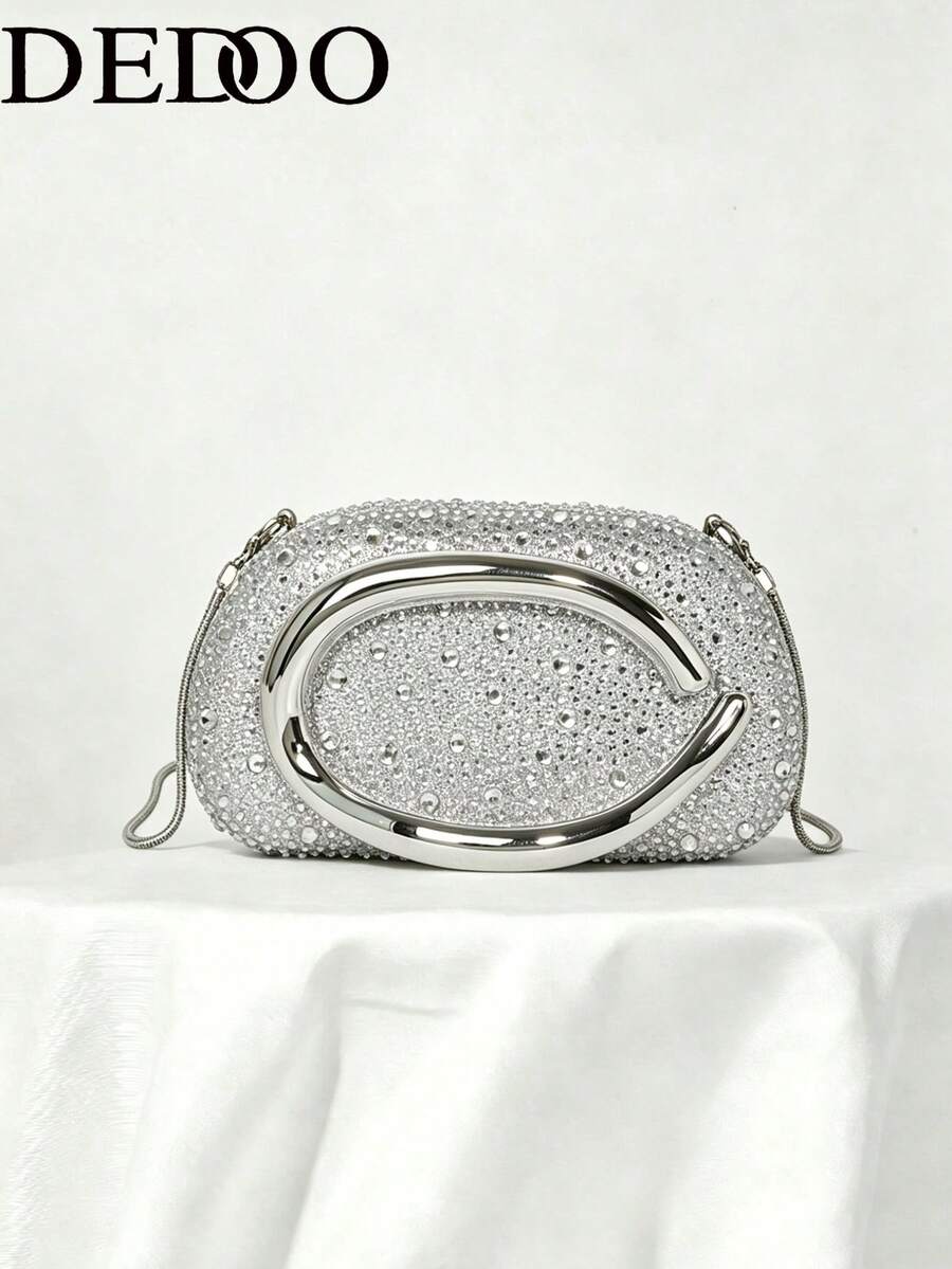 Women's Rhinestone Rounded Rectangular Evening Clutch, Front Curved Oval Handle Handbag, Fashion Crossbody Bag, Suitable For Wedding, Ball, Valentine's Day Party - Silver - View 1