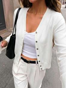 Cardigan de Tricô com Decote em V Feminino, Suéter Básico Casual de Manga Longa Fino para Primavera/Outono, Estilo Fashion Branco Outono - Branco - Visão 3