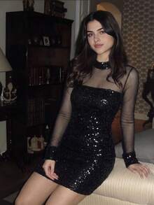 CHOSMO Robe courte sexy et élégante à sequins, détails en maille de couleur contrastée, tenue de soirée romantique pour mariage, noir, automne - Noir - Voir 4