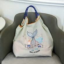 1pc New Embroidered Fish Tail Pattern Storage Nylon Large Capacity Foldable Shopping Bag Commuter Beach Party Women's Shoulder Crossover Tote Bag - Multicolor - View 11