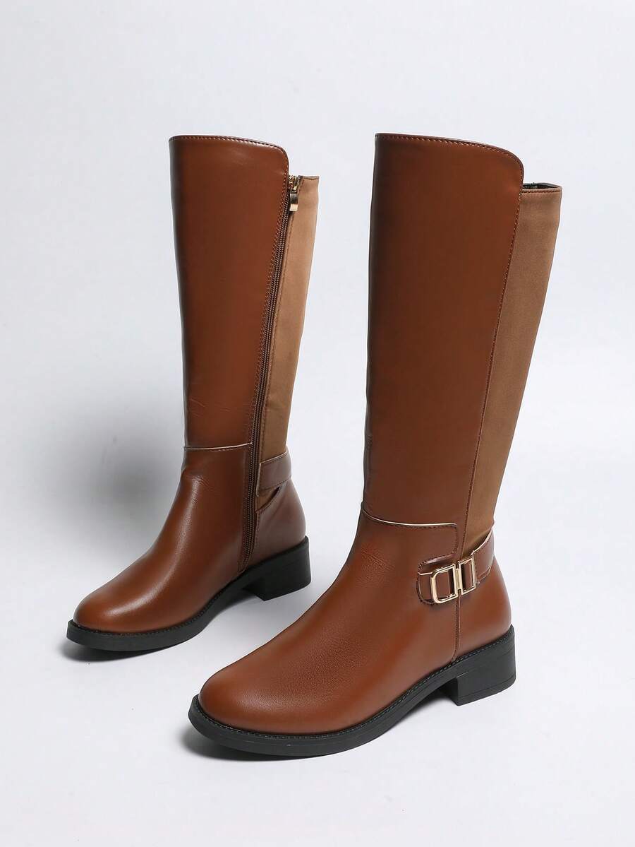 Autumn/Winter Brown Side Zipper Metal Buckle Patchwork Low Heel Fashion Riding Boots