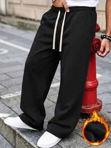 Men's Casual Autumn/Winter Thermal Lined Long Pants. Drawstring Minimalist Design. Side Pockets - Convenient For Carrying And Storage Sports Black - Black - View 2