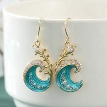Best-Selling Luxury Wave Double Drop Earrings For Women, Creative Ocean Series Inlaid Versatile Ear Jewelry, Exquisite Holiday Birthday Gift - Gold - View 4