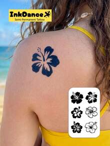 1 Kit de Tatuajes de Tecnología "Hibiscus", Tatuajes Semipermanentes, Tatuajes Temporales, Larga Duración, Tatuajes Falsos, Resistentes al Agua, Apariencia de Tatuaje Auténtico, InkDance, Ink Dance, a Base de Plantas D091 - Negro - Ver 2