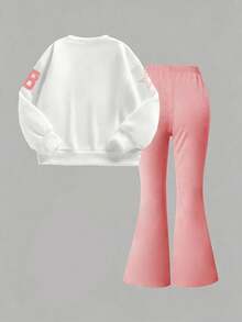 Young Girl Digital Print Long Sleeve Crew Neck Sweatshirt And Flare Pants Casual Set - Pink - View 3