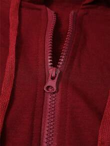 Sweatshirt Wanita Warna Burgundy dengan Resleting, Tali Serut, dan Saku, Lengan Panjang, Potongan Reguler, Bahan Rajut, Cocok untuk Dipakai di Musim Gugur/Musim Dingin - Burgundy - View 9