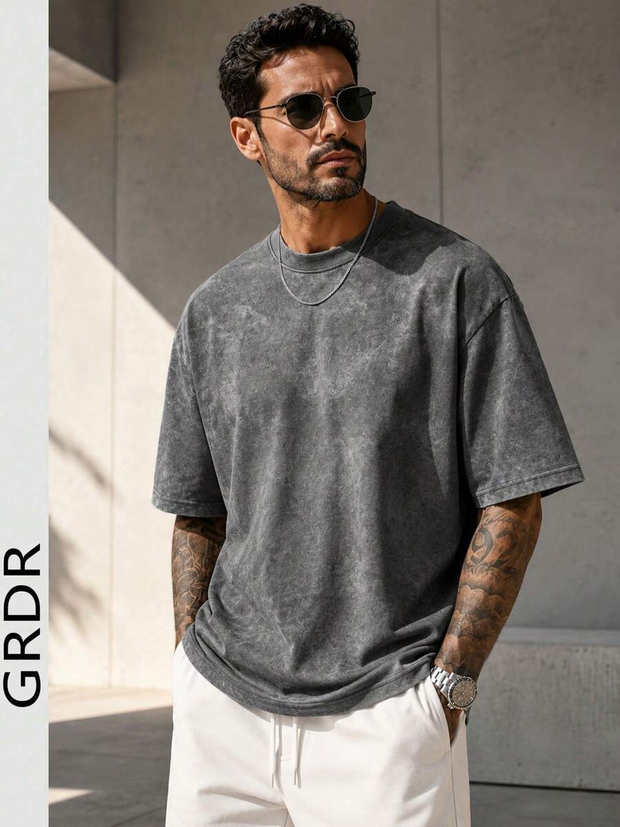 GRDR Men's Solid Color Washed Short Sleeve T-Shirt, Comfortable And Breathable For Summer Wear - Dark Grey - View 1