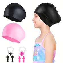 Gorro de natación (2 piezas), Gorro de natación unisex para cabello largo--Gorro de natación de silicona, Adecuado para cabello largo, Adecuado para niños y adolescentes de 5-15 años, Gorro de natación impermeable y duradero, Gorro de baño impermeable con protección para los oídos, Mantiene el cabello seco - Multicolor - Ver 11