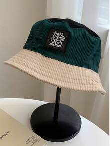 1pc Contrast Color Lucky Cat Logo Corduroy Bucket Hat - White - View 1