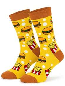 1/3/5 pares de calcetines de media caña para hombre con temática de comida rápida, patrón de hamburguesa y papas fritas amarillo brillante, diseño lindo de comida chatarra, adecuado para uso diario y como regalo de cumpleaños festivo - Multicolor - Ver 7