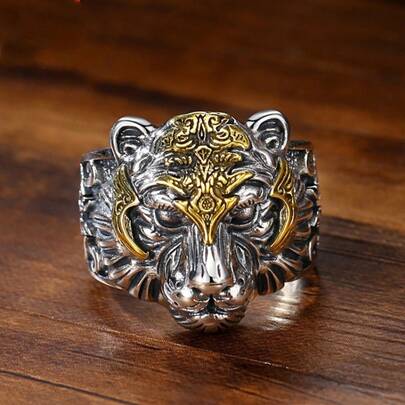 Men's Vintage Tiger Head Adjustable Ring, Hip Hop Statement Animal Ring, Bold Punk Fashion Jewelry