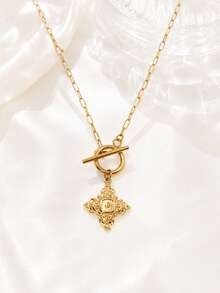 1pc Stainless Steel Vintage French Style 18K Gold Plated Cross Embossed 3D Pendant Necklace With OT Clasp - Multicolor - View 6