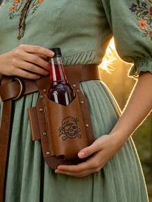 1pc Vintage Pirate Skull Print PU Leather Wine Bottle Waist Belt Pouch, Medieval Renaissance Cosplay Outdoor Camping Beer Bottle Waist Bag, Viking Waist Bag, Halloween Costume Prop - ZSJ - View 1