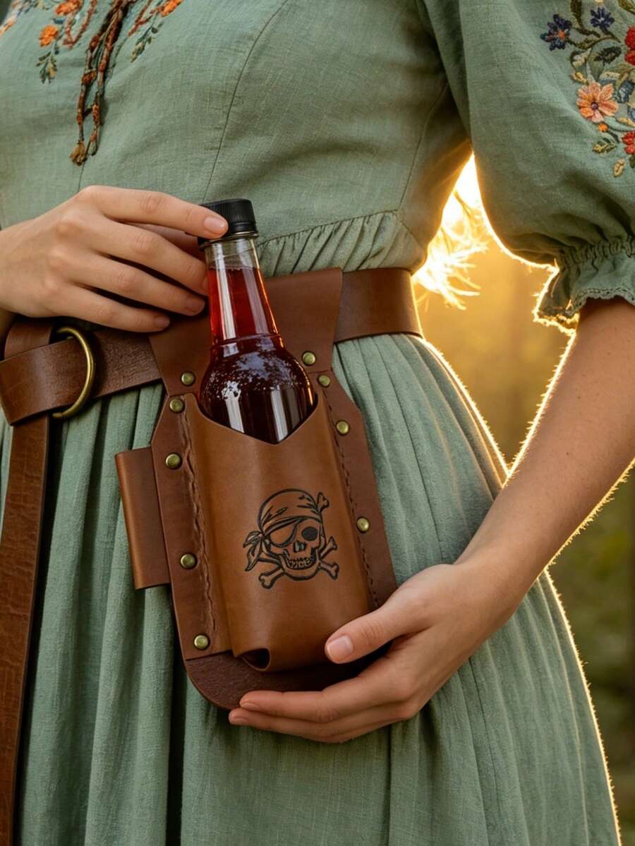 1pc Vintage Pirate Skull Print PU Leather Wine Bottle Waist Belt Pouch, Medieval Renaissance Cosplay Outdoor Camping Beer Bottle Waist Bag, Viking Waist Bag, Halloween Costume Prop - ZSJ - View 1
